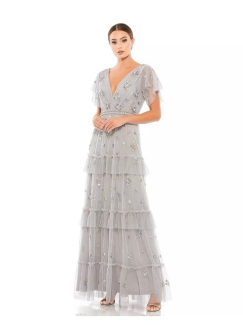 Mac Duggal Silver Gray Embellished Tiered Maxi Dress